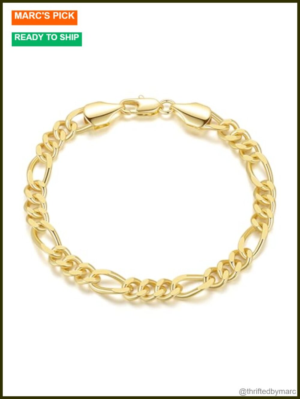 14K Gold Plated Figaro Chain Bracelet 6.2mm Unisex Lobster Clasp 9in